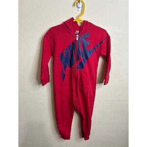 Nike Red Blue Logo Hooded Fleece Footed Pajamas Jumpsuit‎ Romper Kids 24M